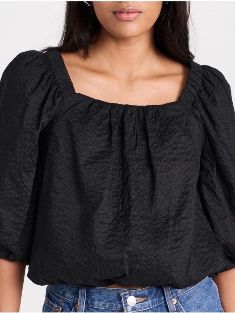 AYR the puff sleeve top black crinkle Large